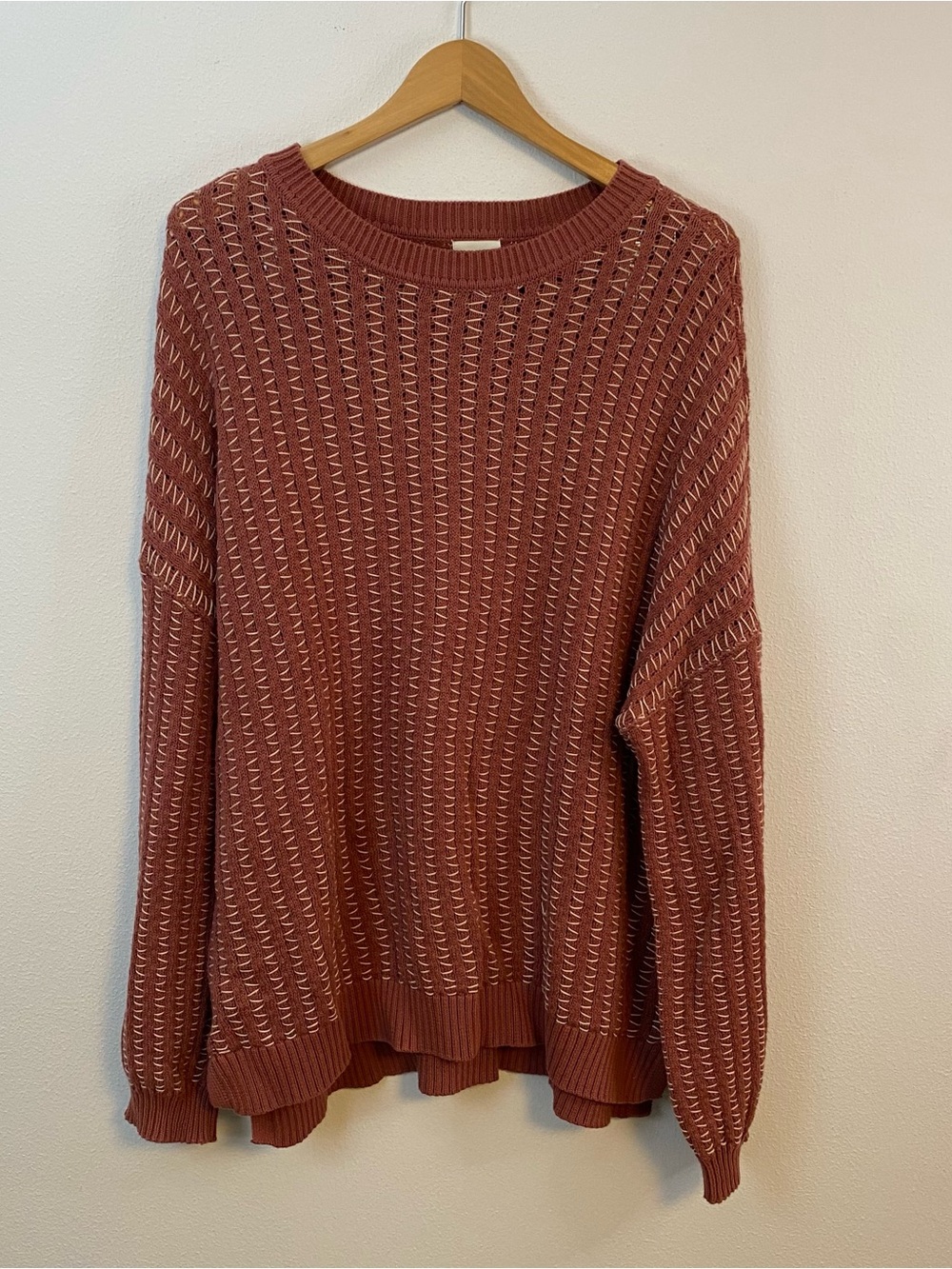 BKE Pink and Cream Open Knit Crewneck Sweater Women’s L